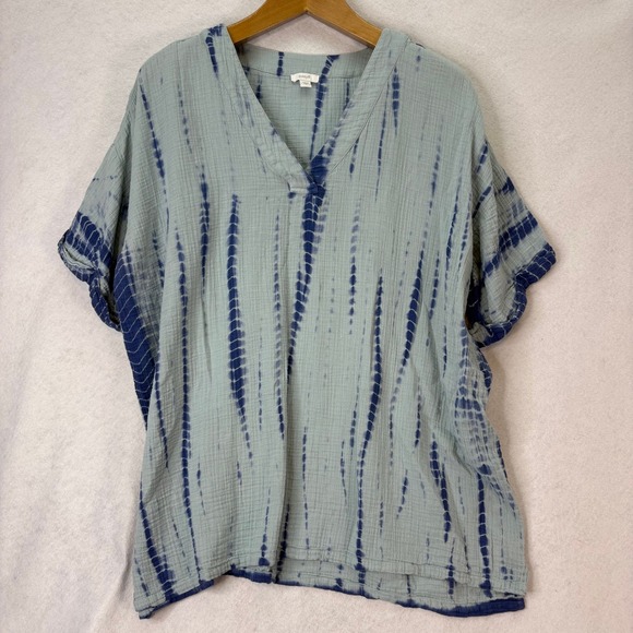 Pure Jill Women's Sz XL Blue Tie Dye Gauze Cotton V Neck Short Sleeve Top Blouse - Picture 2 of 7